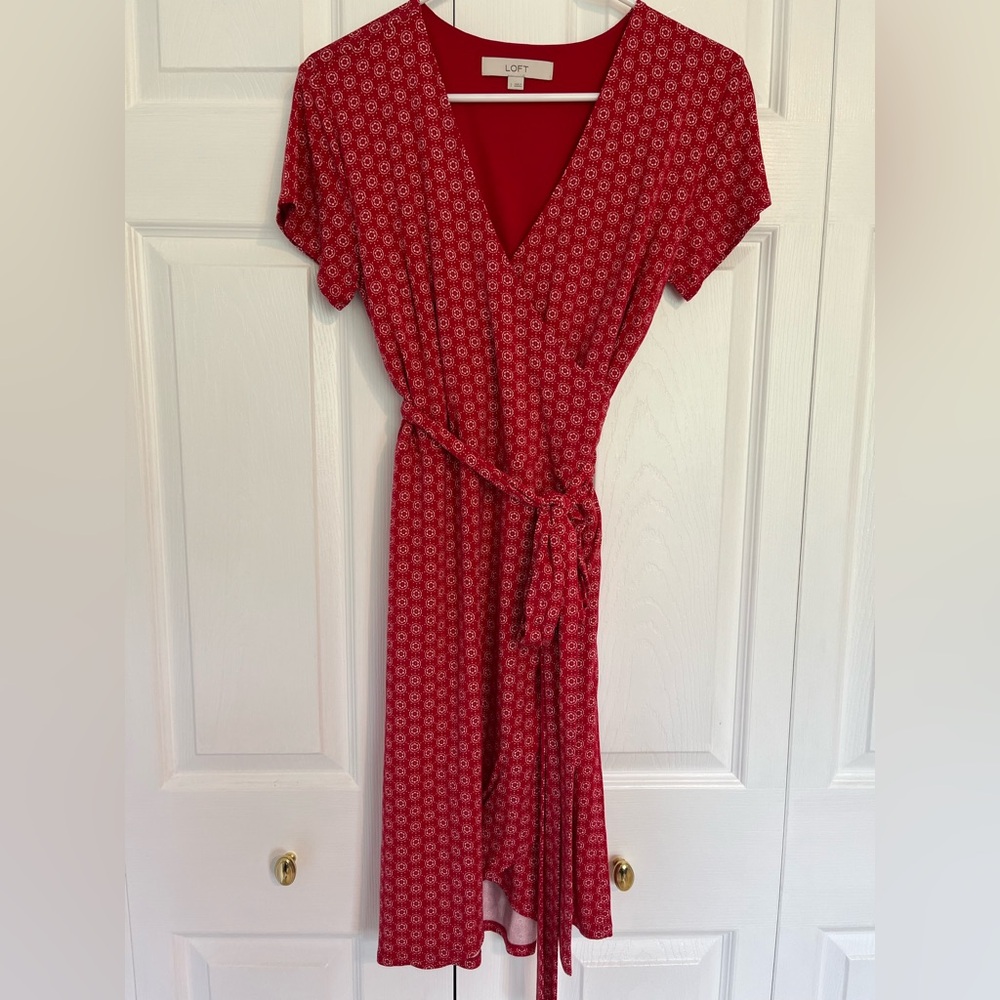 LOFT Red and White Flutter Sleeve Wrap Sundress